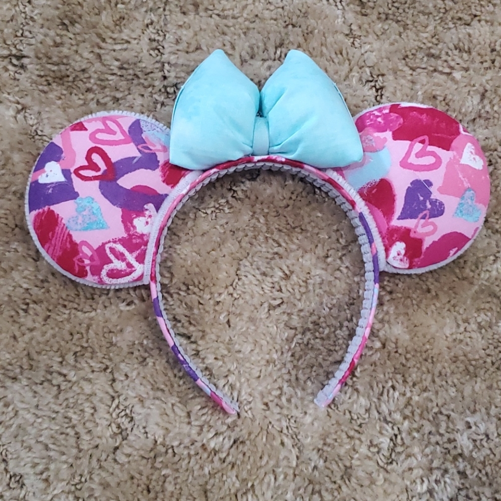 Disney Ears Headband- Pink&Purple Hearts, Blue Bow